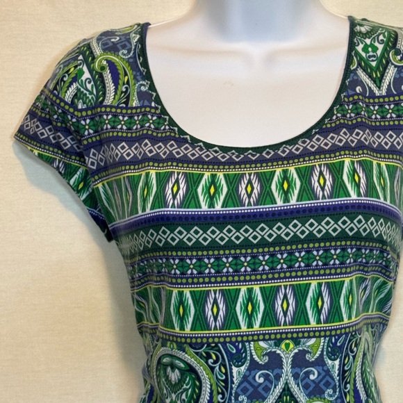 G-99 Liz Claiborne Blue Green &‎ White Short Sleeve Pullover Blouse Size MP - Picture 3 of 14